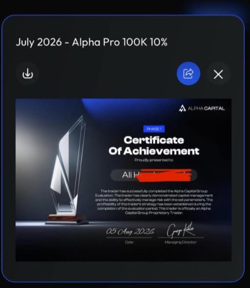 Certificate of achievement from a proprietary trading firm, shared by a student