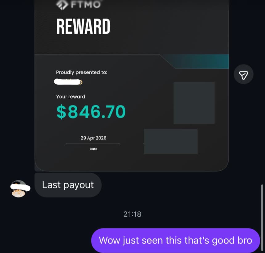 Payout certificate from a proprietary trading firm, shared by a student in a message